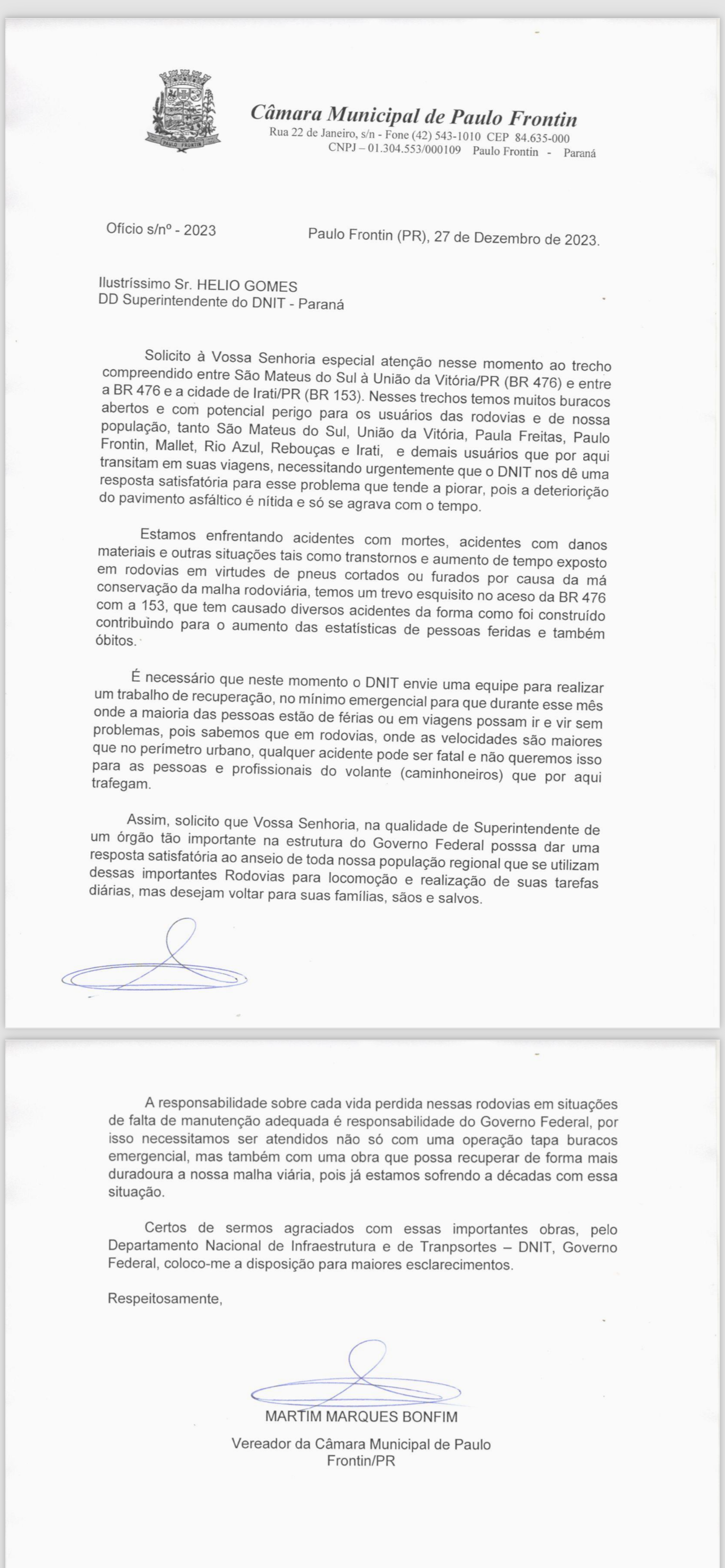 Vereador Marques de Paulo Frontin solicita ao DNIT melhorias na BR 476 e 153 aqui na nossa região, veja matéria na íntegra: