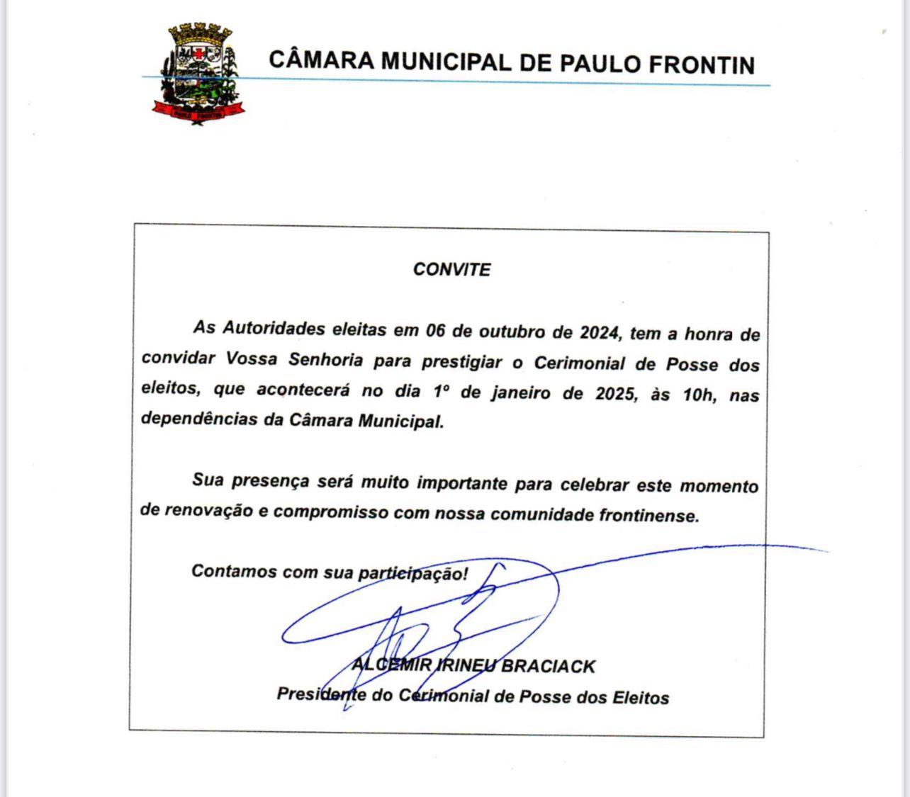 ELEITOS DE PAULO FRONTIN CONVIDAM PARA CERIMONIAL DE POSSE
