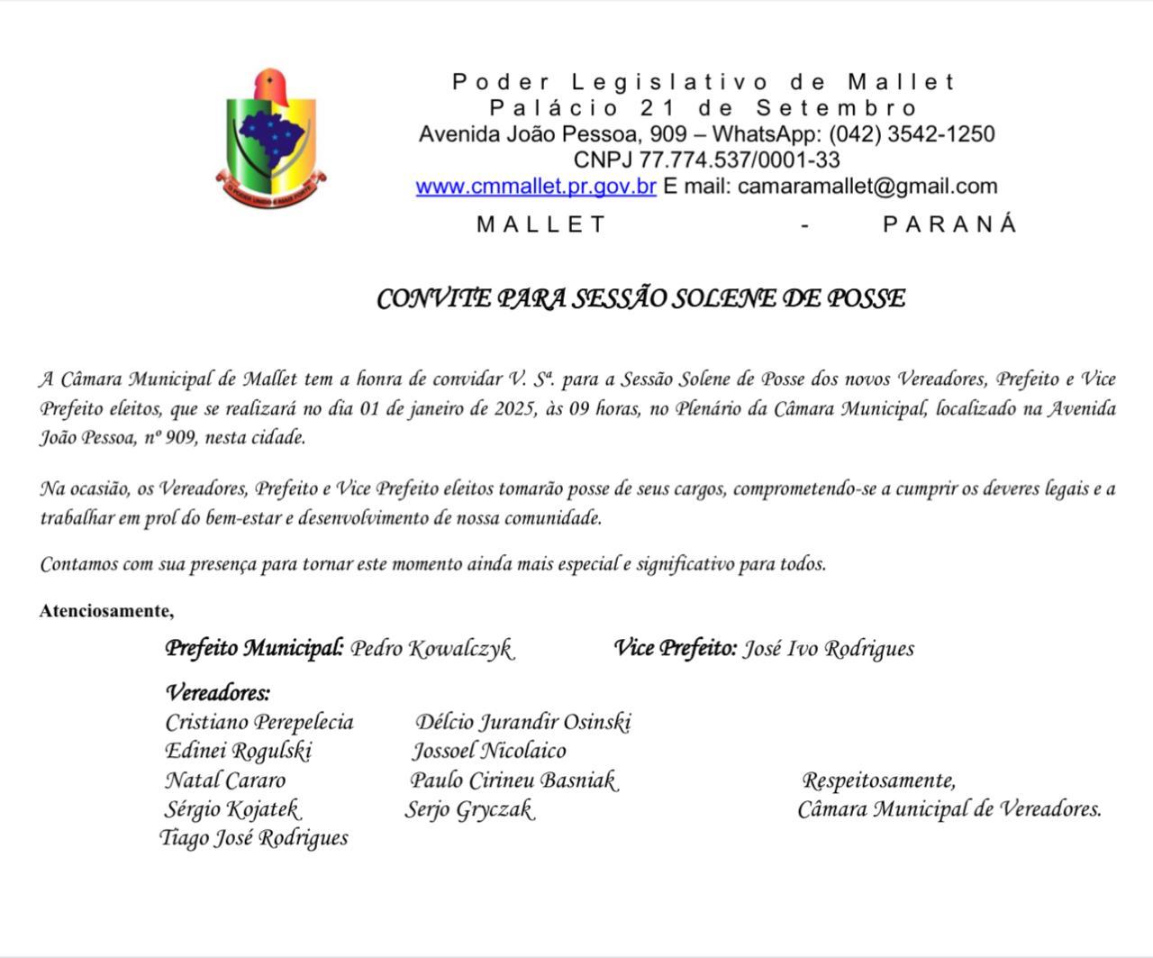 POSSE DOS ELEITOS EM MALLET: UM NOVO CICLO PARA A CIDADE - 