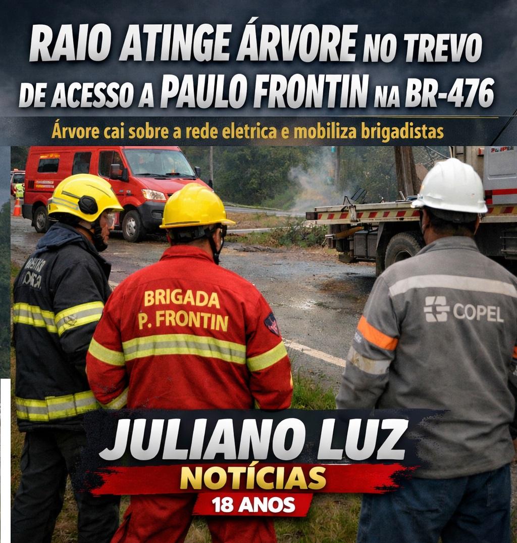 Raio atinge árvore no trevo de acesso a Paulo Frontin na BR-476 e árvores caem sobre rede elétrica