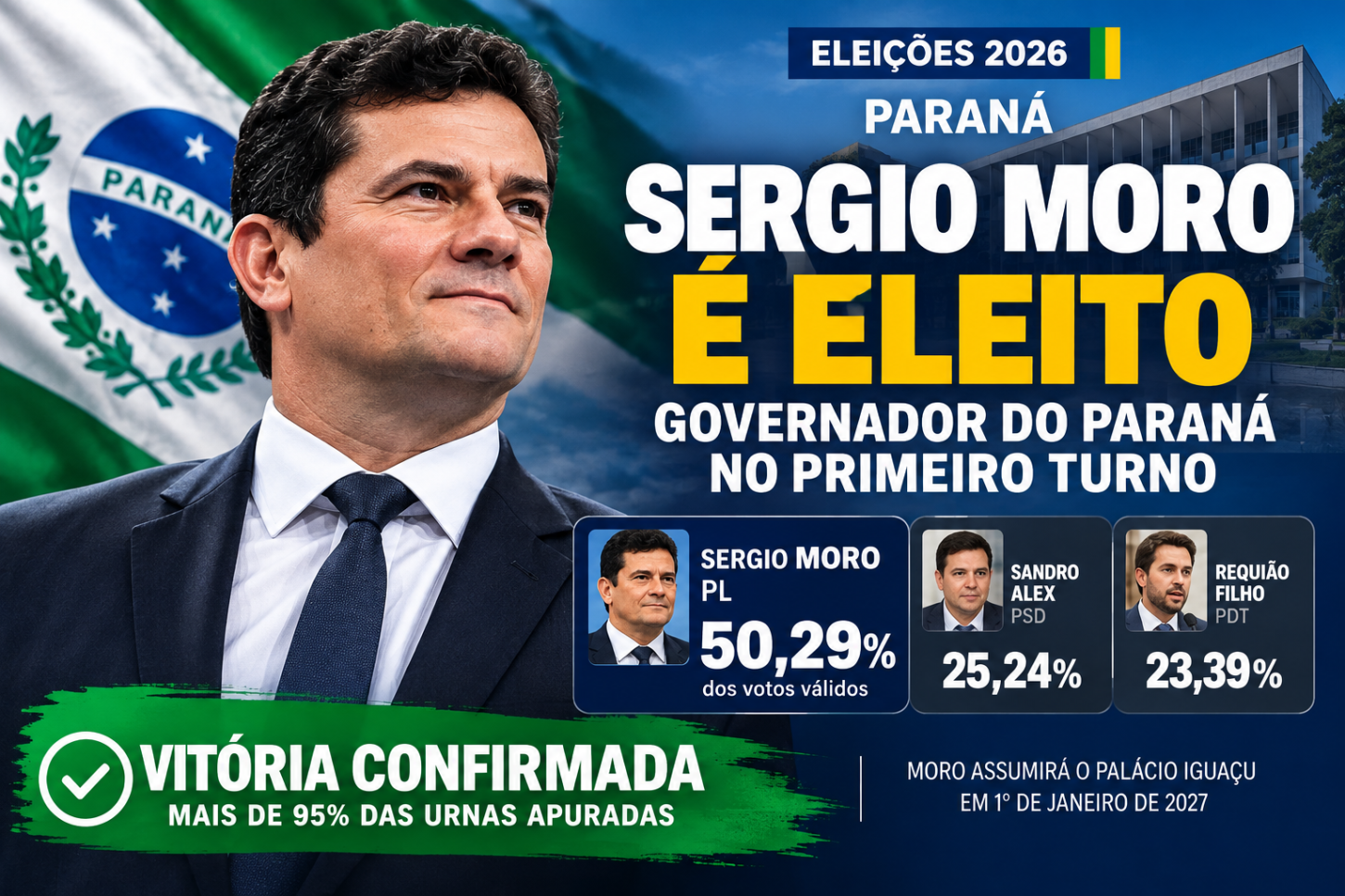 Sergio Moro é eleito governador do Paraná no primeiro turno  Candidato do PL supera a marca de 50% dos votos válidos e conquista o Governo do Paraná nas eleições deste domingo