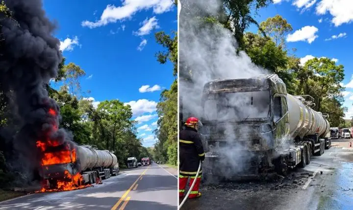 Brigadistas controlam incêndio na BR-476 e evitam explosão de bitrem