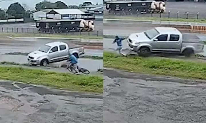 Ciclista escapa de atropelamento na BR-163 após saltar de bike no Paraná